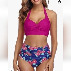 Tempt Me Two Piece Vintage Swimsuit Retro Halter Ruched High Waist Bikini Medium